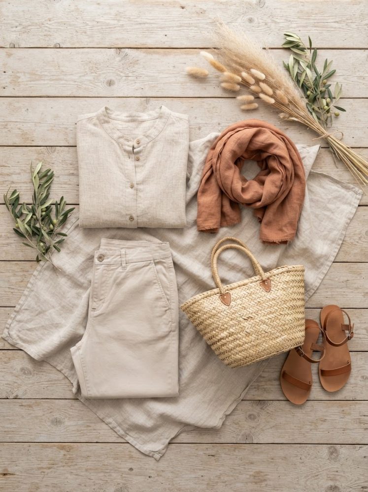 Roupa casual neutra com camisa, calças, lenço castanho, mala de palha e sandálias castanhas sobre madeira clara