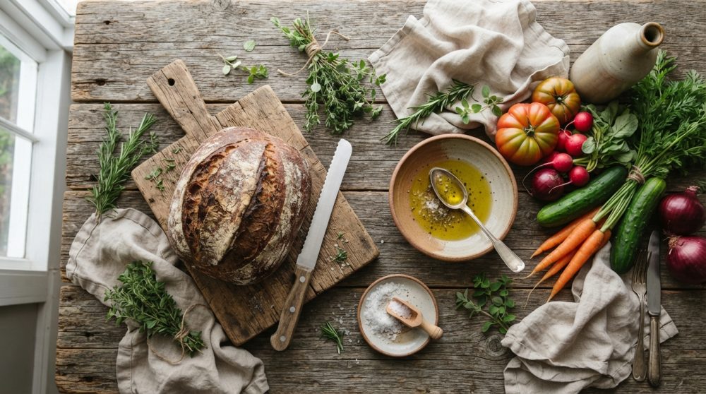 Mesa de madeira com pão rústico, legumes frescos, azeite temperado e ervas aromáticas