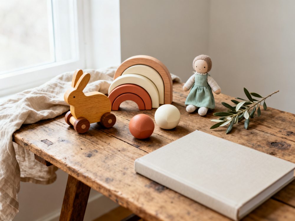 Brinquedos de madeira e boneca artesanal sobre mesa rústica junto a janela