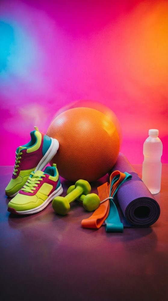 Acessórios para exercício: sapatilhas, bola de fitness, halteres, tapete de yoga, faixas elásticas e garrafa de água