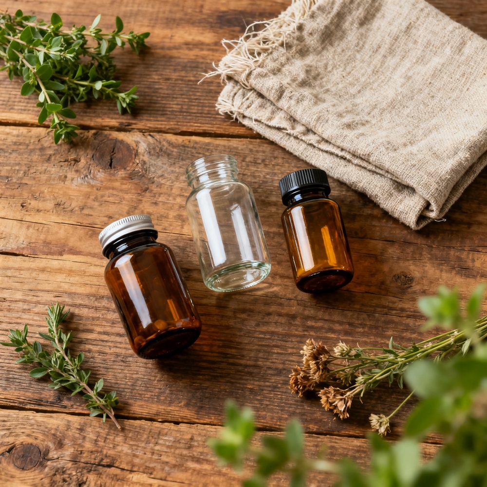 Frascos de vidro para suplementos rodeados de plantas naturais sobre mesa de madeira