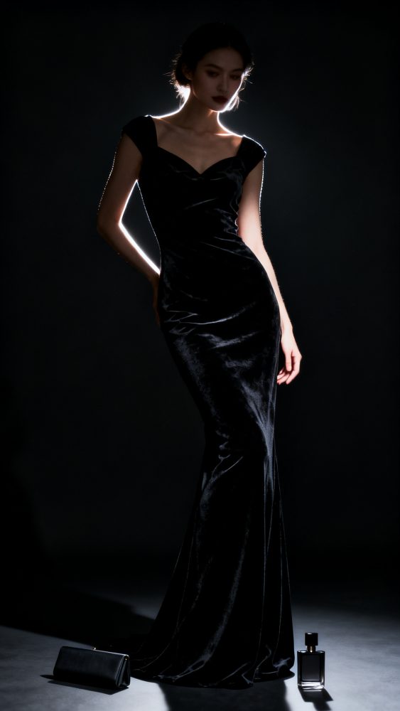 Mulher com vestido longo preto aveludado em contraluz numa pose elegante com mala e perfume no chão
