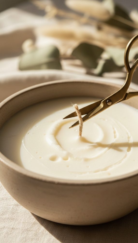 Vela branca artesanal num recipiente cerâmico com pavio a ser cortado por tesoura dourada