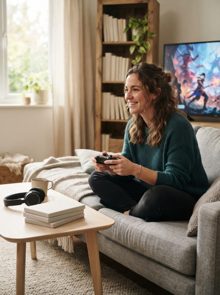 Mulher sentada no sofá a jogar videojogos com comando e TV à frente