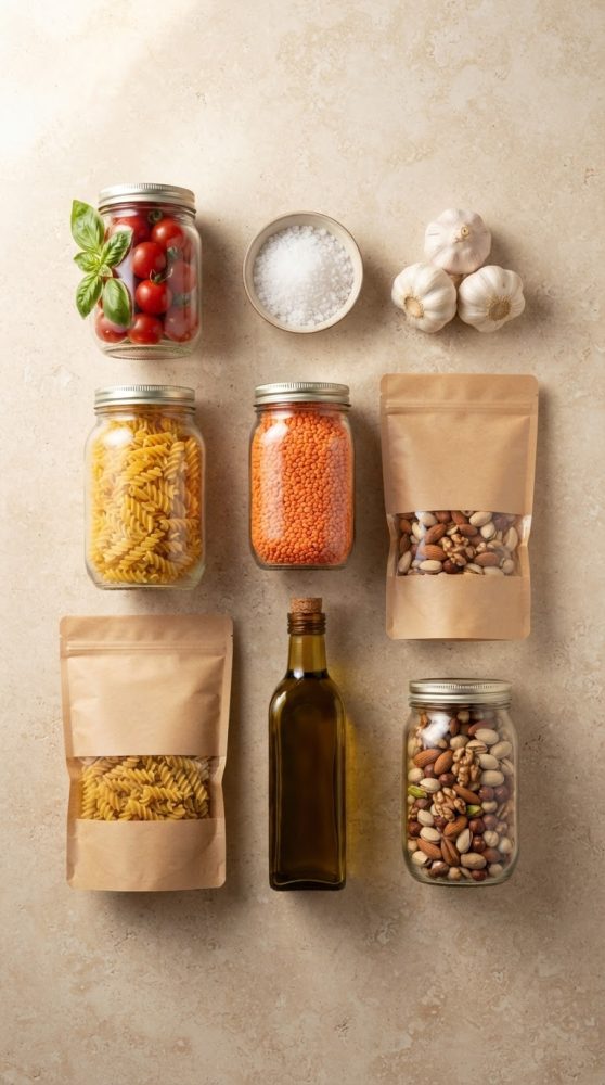 Alimentos embalados em frascos e sacos sobre superfície clara com tomate, lentilhas, frutos secos e azeite