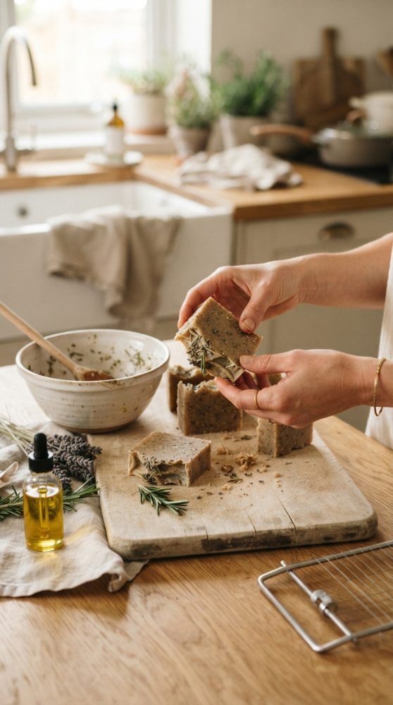 Mãos seguram sabonete artesanal com ervas numa cozinha com tábua e óleo essencial