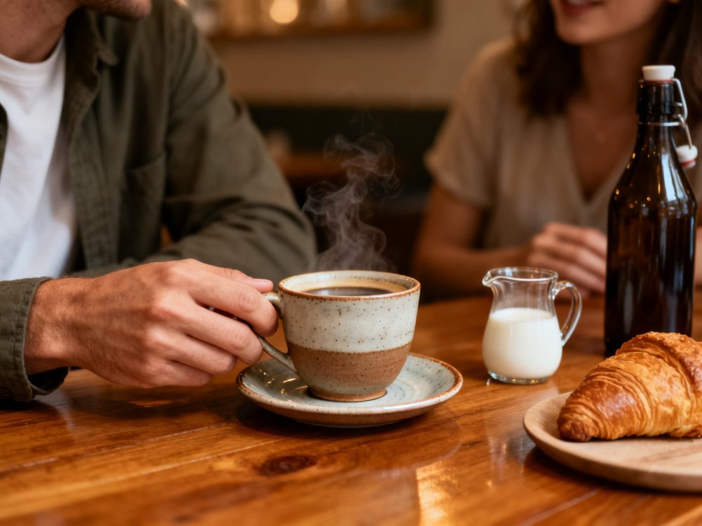 Pessoa segurando chávena de café fumegante com croissant, leite e garrafa numa mesa de madeira
