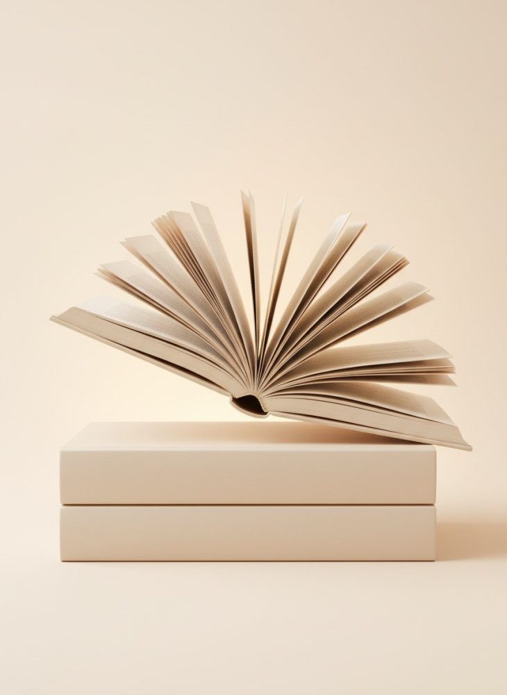 Livro aberto com páginas ao vento sobre dois livros empilhados em fundo bege