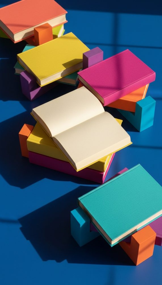 Livros coloridos empilhados sobre superfície azul com luz e sombras fortes