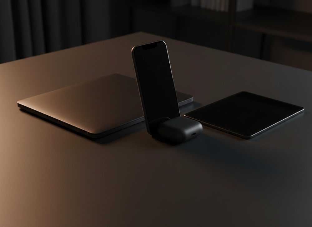 Mesa escura com portátil fechado, smartphone, tablet e estojo de auscultadores wireless
