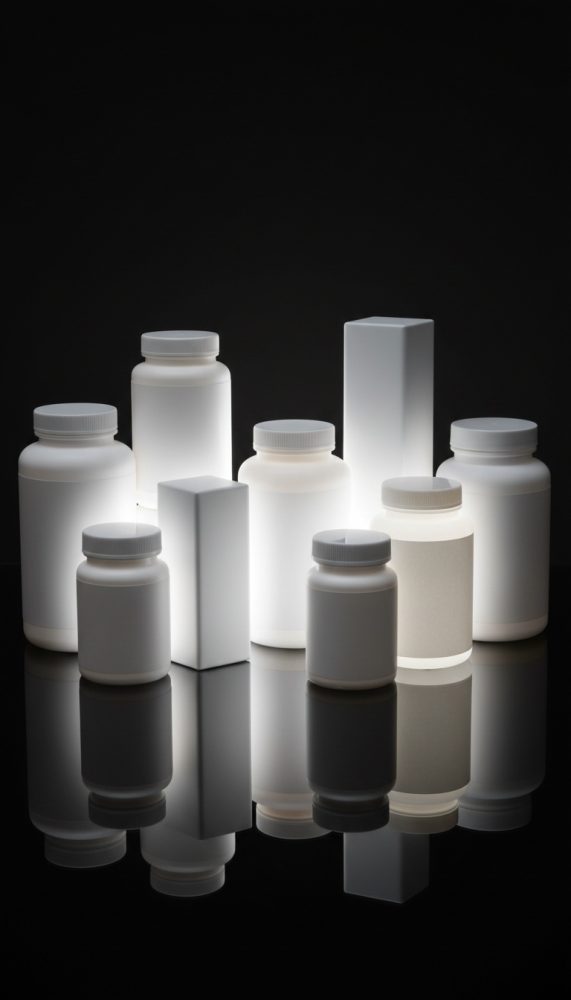 Diversos frascos brancos de suplementos sobre superfície preta com iluminação brilhante