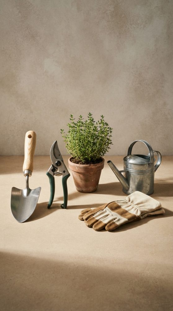 Ferramentas de jardinagem com pá, tesoura, regador, luvas e planta em vaso de barro