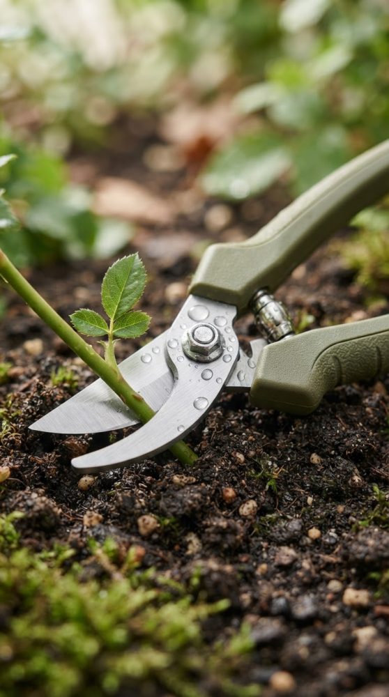 Tesoura de poda a cortar ramo verde sobre terra e musgo húmido