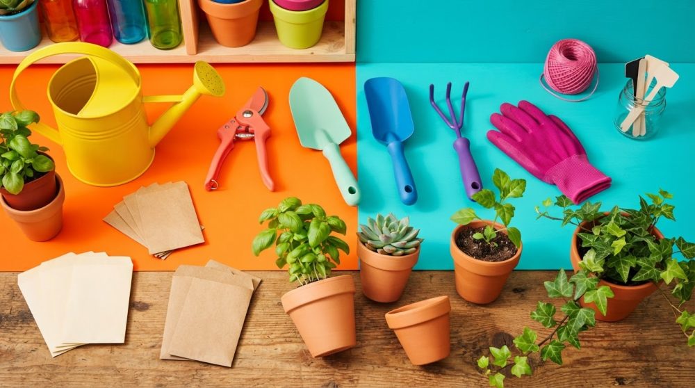 Ferramentas coloridas de jardinagem, regador amarelo e plantas em vasos de barro sobre superfície colorida