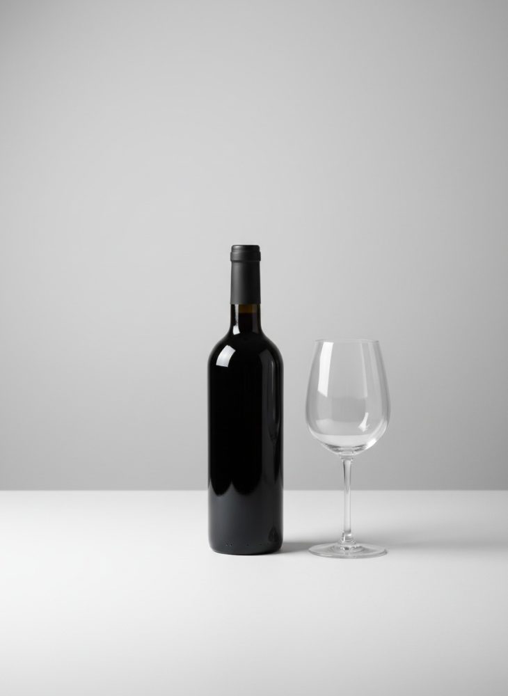 Garrafa de vinho tinto ao lado de um copo de vinho vazio sobre fundo cinza