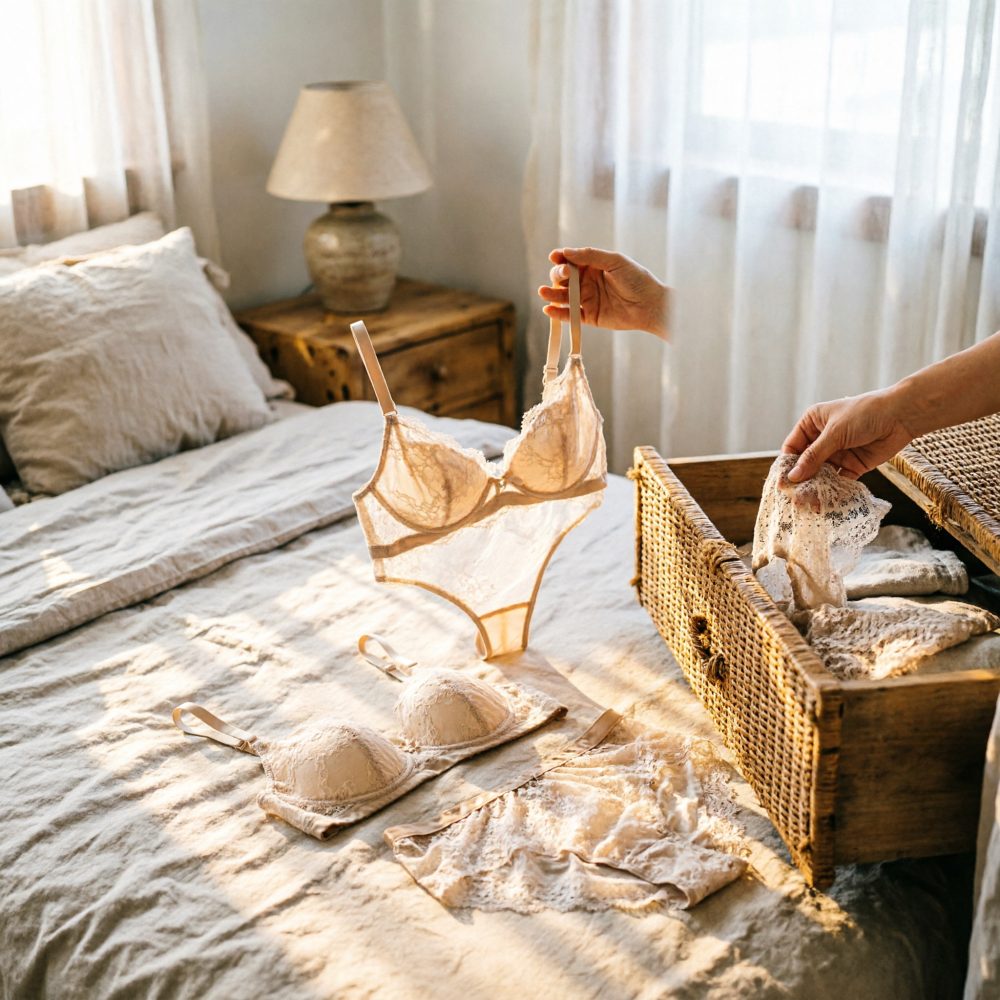 Conjunto de lingerie bege em renda exposto numa cama com mãos a segurarem peças
