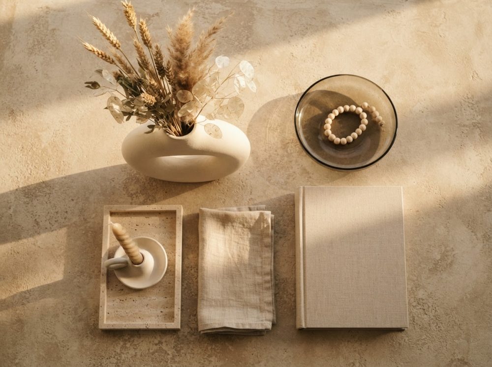 Conjunto decorativo em tons neutros com vaso, flores secas, livro e acessórios na mesa