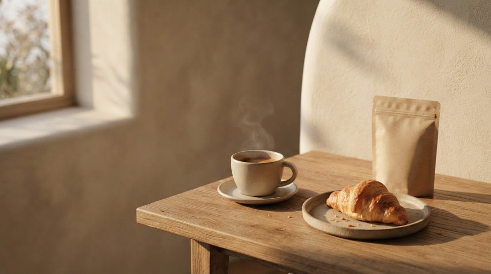 Chávena de café fumegante, croissant e embalagem kraft sobre mesa de madeira rústica na luz natural