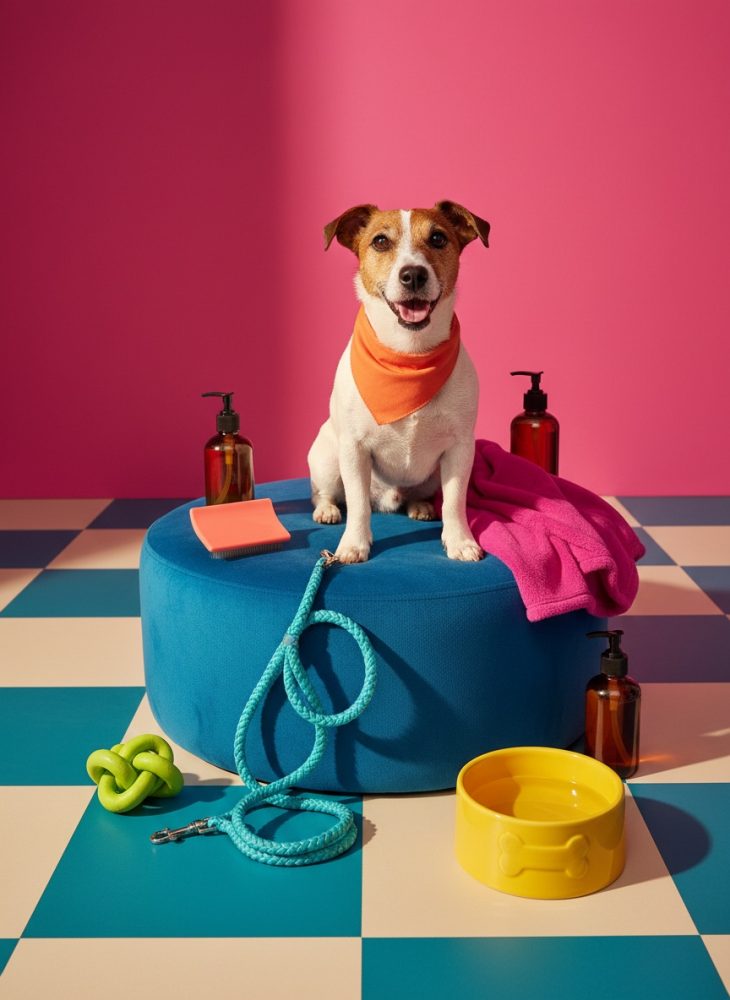 Cão sentado num puff azul com acessórios para cães em chão xadrez e fundo rosa
