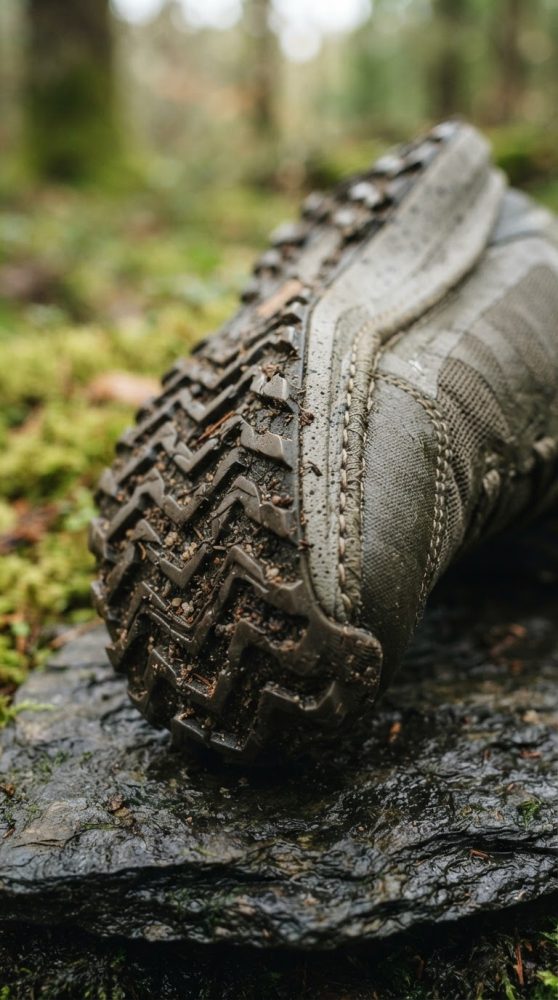 Sola suja e detalhada de bota de trekking em pedra húmida numa floresta