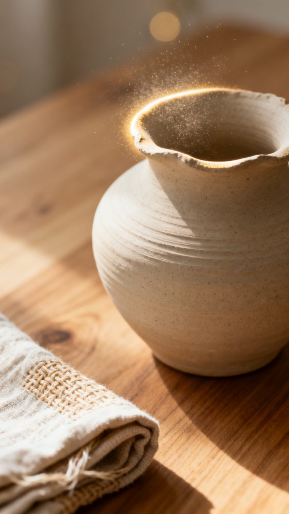 Vaso de cerâmica rústico sobre mesa de madeira com pano de linho próximo