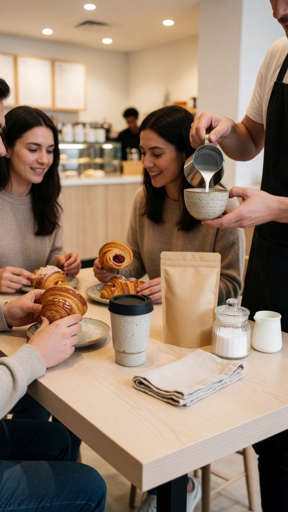 Grupo de amigos numa cafetaria a comer croissants e a receber café com leite
