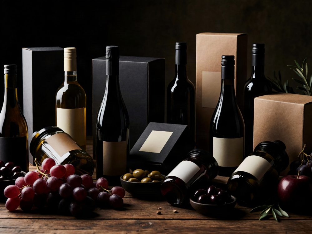 Garrafas de vinho, uvas, azeitonas e maçã com embalagens sobre mesa de madeira rústica