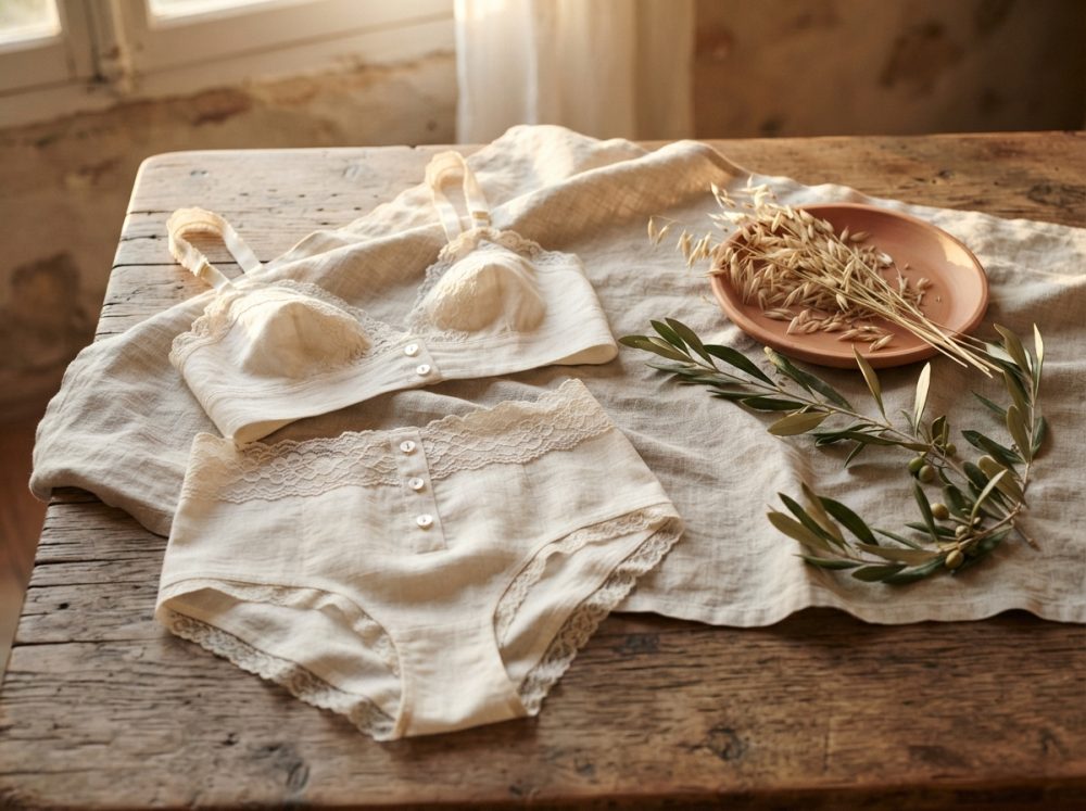 Conjunto de lingerie bege com renda sobre tecido claro em mesa de madeira rústica