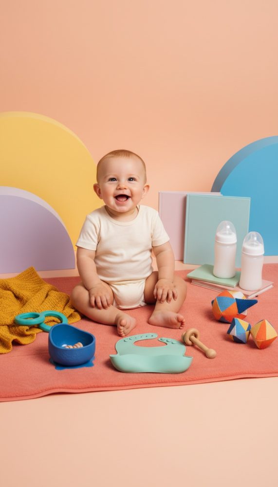 Bebé sorridente sentado no tapete com brinquedos coloridos e biberões em fundo pastel