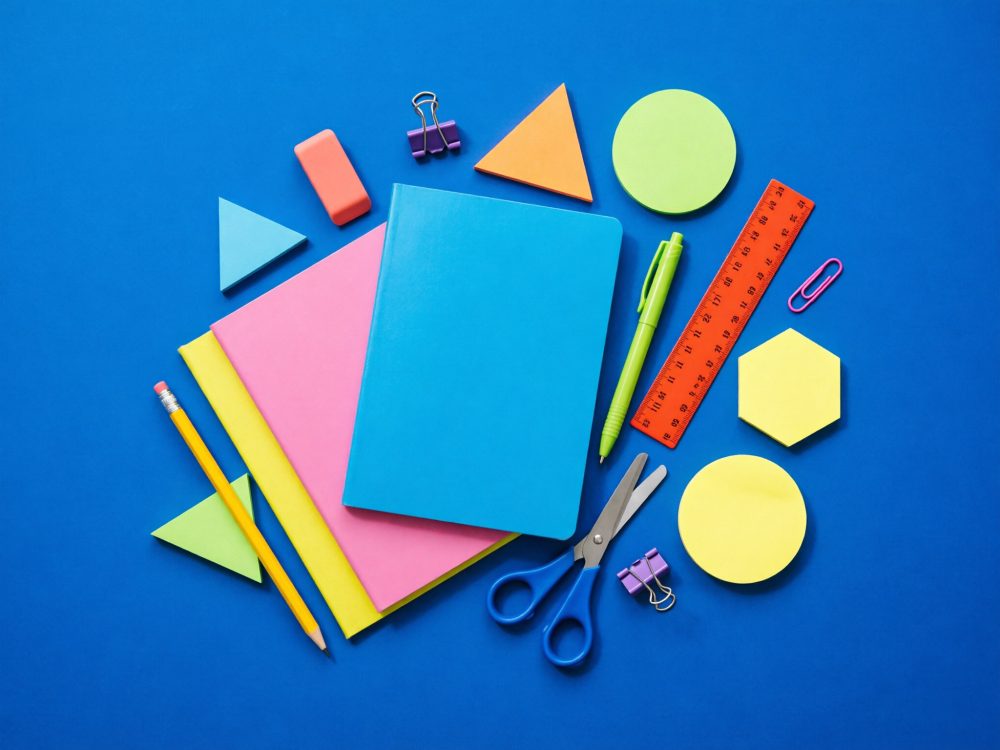 Material de papelaria colorido com cadernos, lápis, tesoura e notas adesivas sobre fundo azul