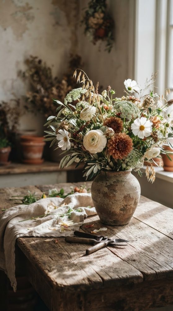Arranjo floral em vaso rústico sobre mesa de madeira com luz natural suave
