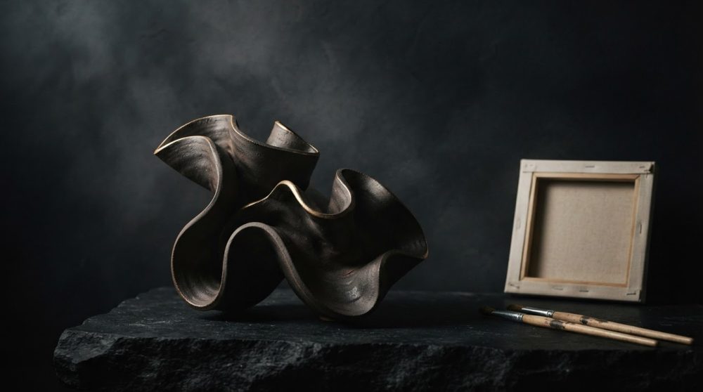 Escultura abstrata em cerâmica de formas onduladas sobre pedra escura com pincéis e quadro vazio atrás