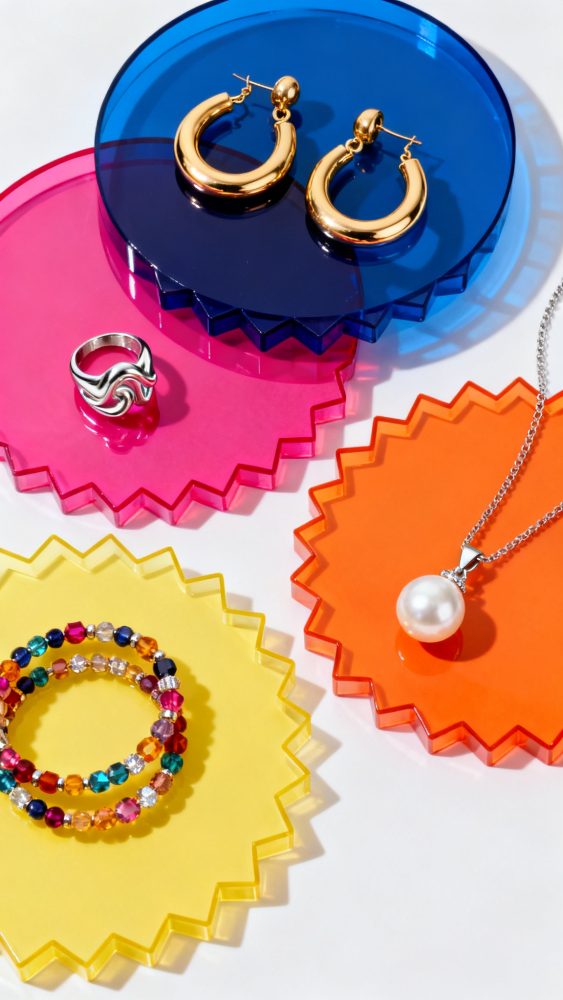 Brincos dourados, anel prateado, pulseiras coloridas e colar de pérola em bases acrílicas coloridas