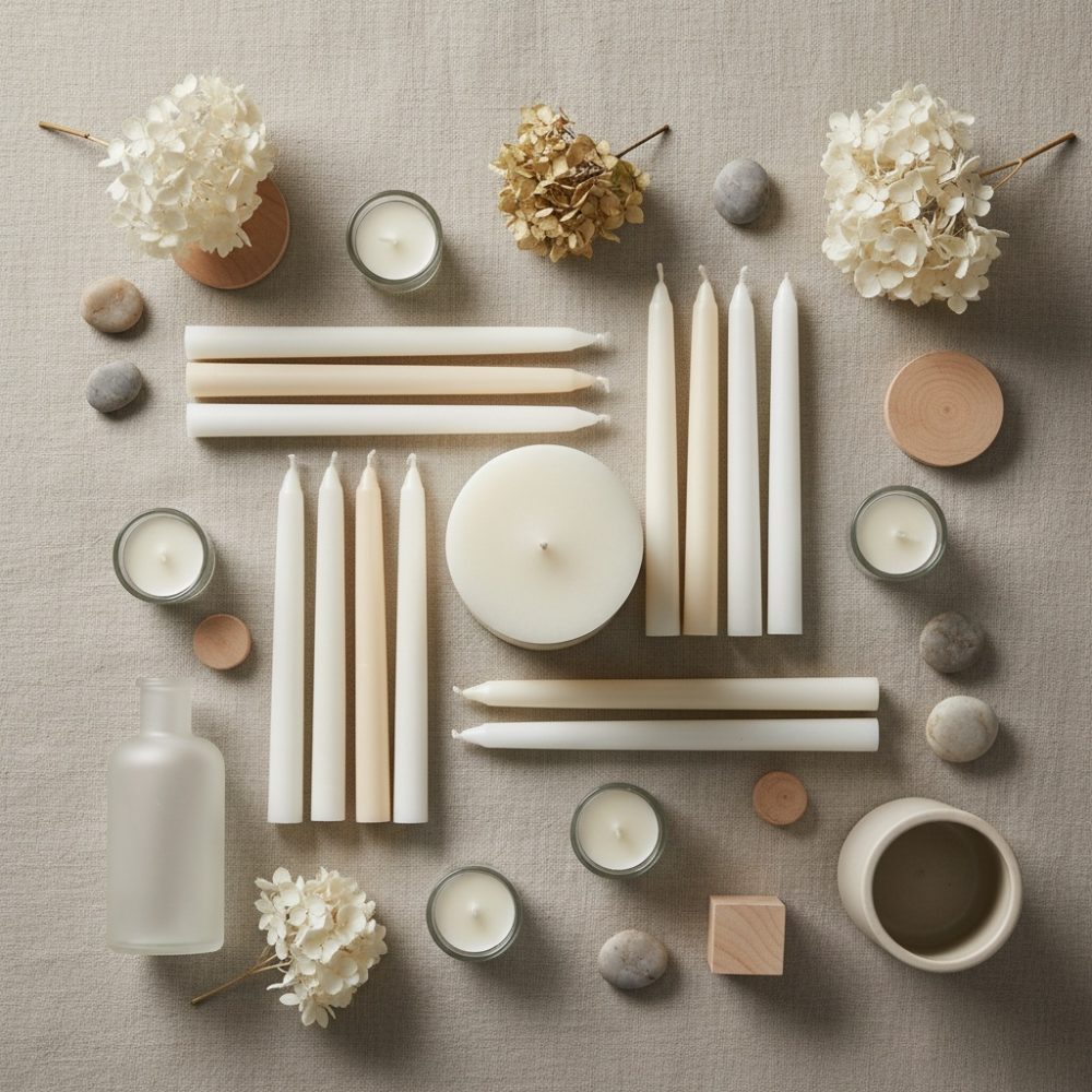 Velas decorativas brancas e creme com flores secas e pedras sobre tecido bege