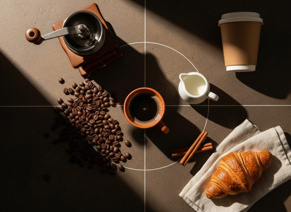 Mesa com moedor de café, grãos, chávena de café, leite, canela, croissant e copo descartável
