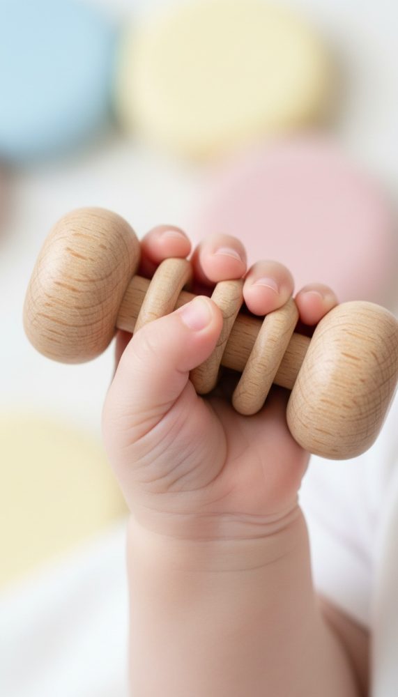 Mão de bebé segurando brinquedo de madeira natural com anéis e acabamento suave