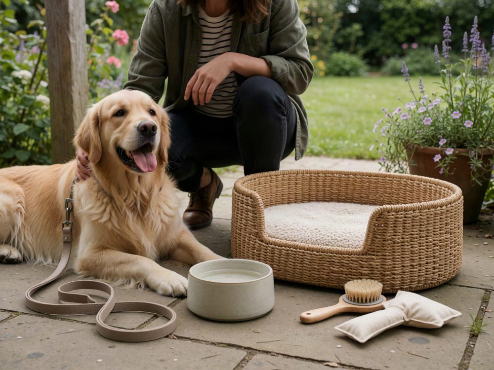 Golden Retriever sorridente com cama, escova e comedouro ao ar livre em jardim com flores