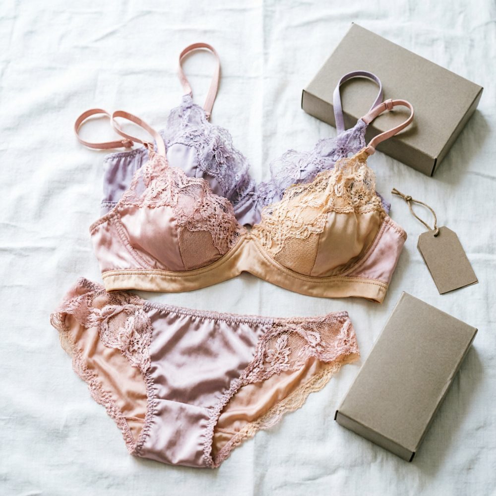 Conjunto de lingerie rosa e lilás em cetim com renda sobre tecido branco, com caixas castanhas ao lado