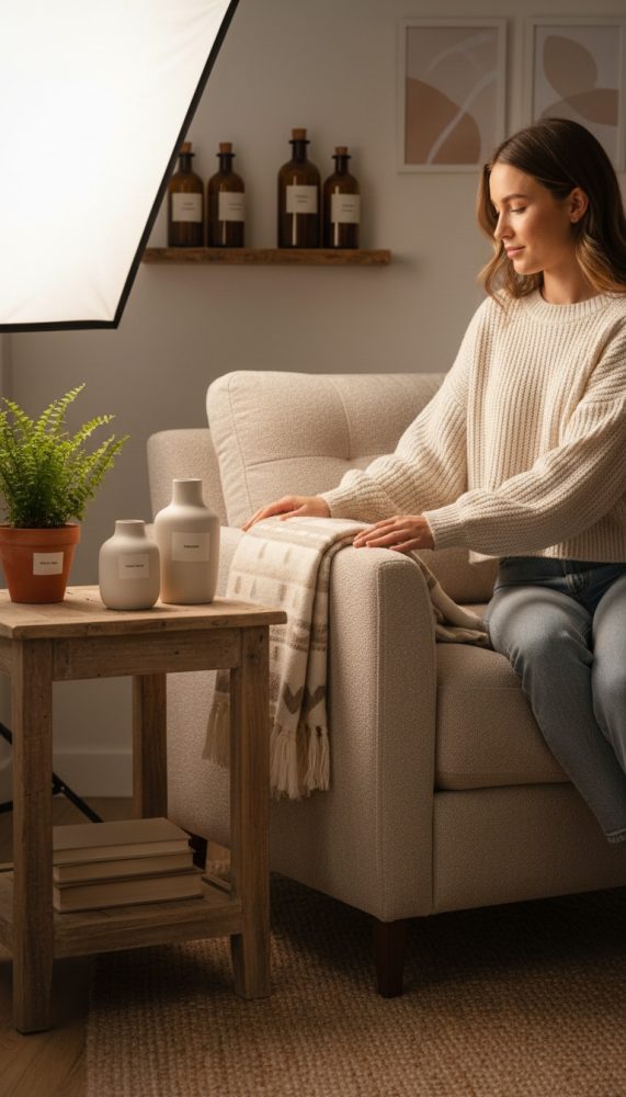 Mulher sentada num sofá bege com manta, ao lado mesa de madeira com vasos cerâmicos e planta decorativa