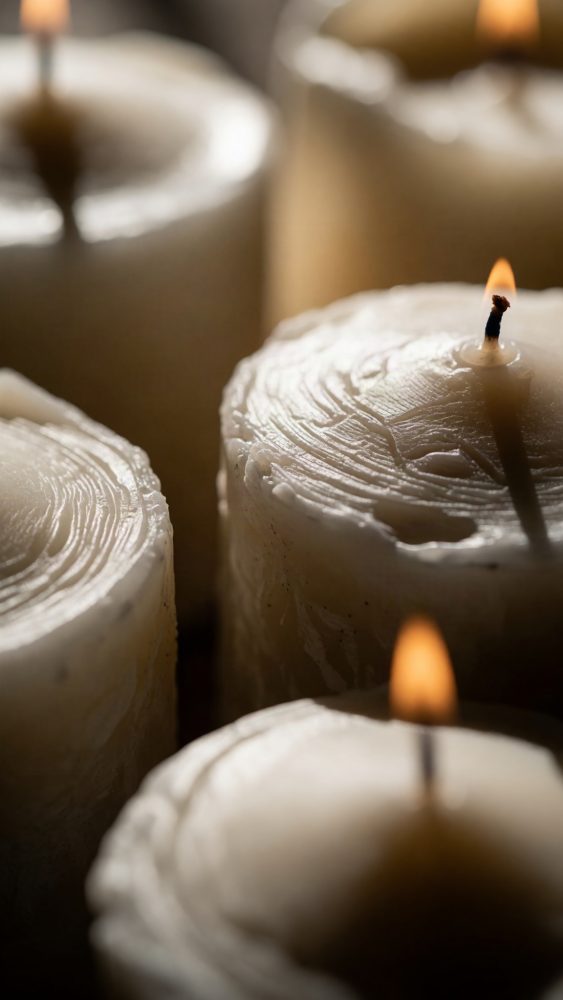 Velas brancas cilíndricas com chamas acesas e textura visível na cera