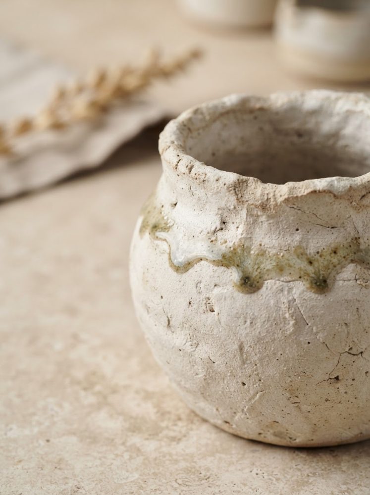 Vaso cerâmico rústico com borda irregular e esmalte esverdeado sobre superfície clara