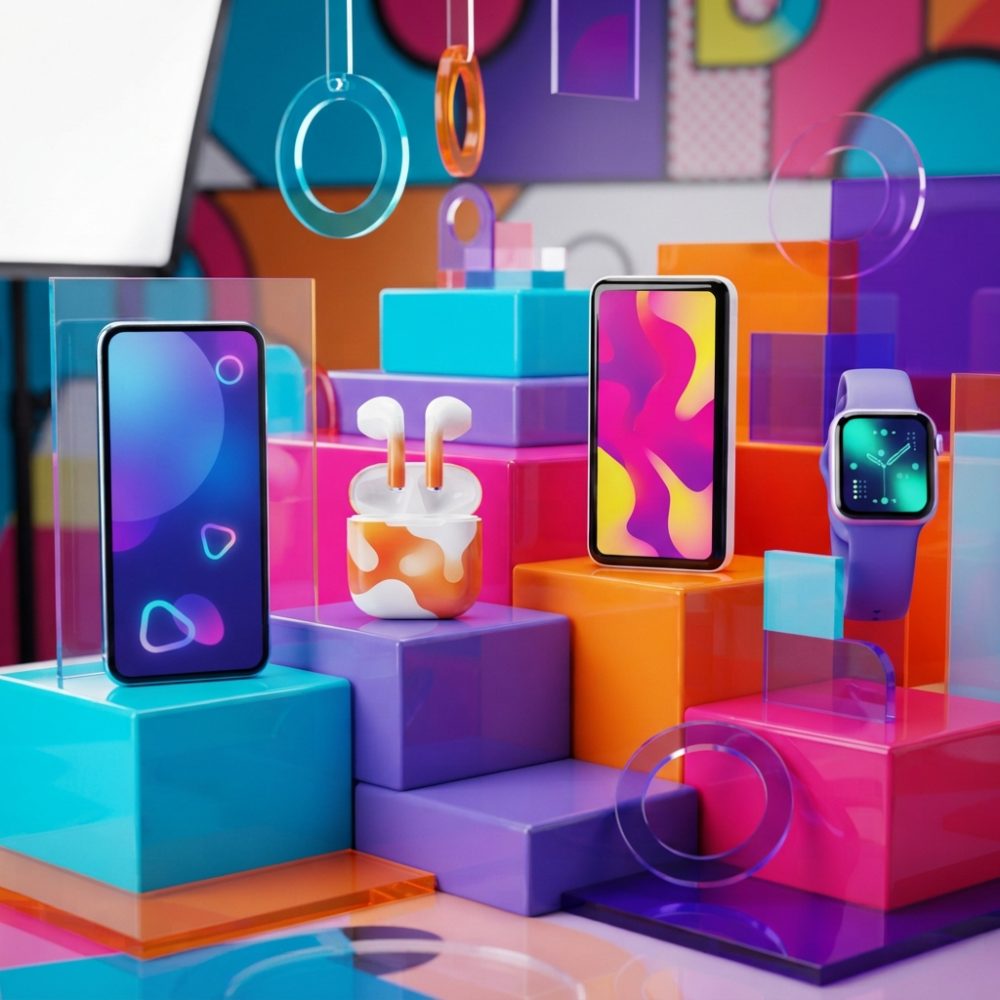 Smartphones, auriculares sem fios e smartwatch dispostos em blocos coloridos e fundo abstrato vibrante