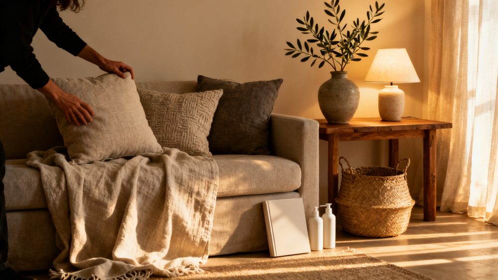 Sala de estar com sofá bege, almofadas, manta, mesa de madeira com candeeiro e vaso, iluminada por luz natural quente