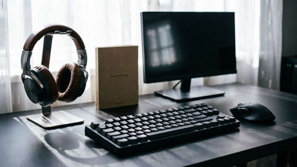 Estação de gaming com auscultadores castanhos, teclado mecânico e rato preto sobre mesa escura