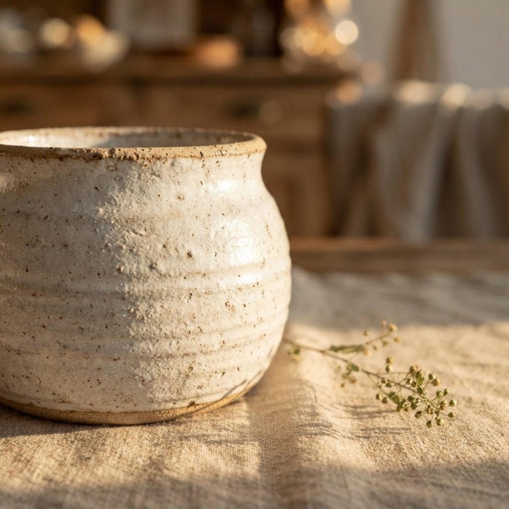 Jarro cerâmico rústico com textura sobre tecido natural e ramo seco em luz suave