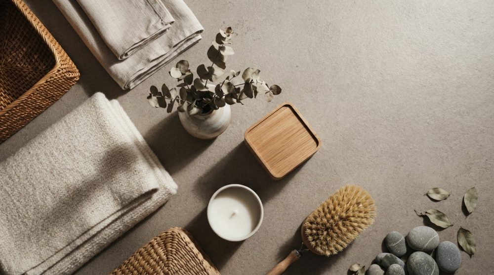 Conjunto decorativo natural com tecidos, cestos, vela, escova e pedras sobre superfície clara