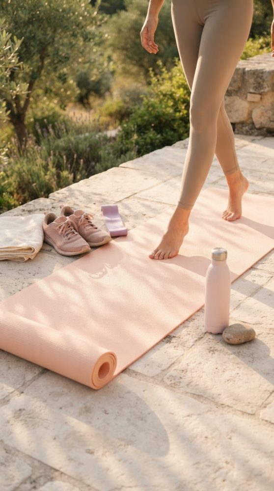 Tapete de yoga cor pêssego com ténis, faixa de treino, toalha e garrafa de água ao ar livre