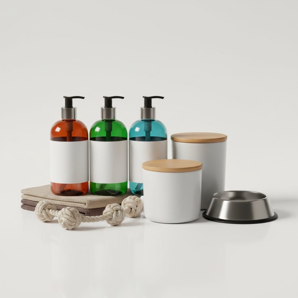 Conjunto de produtos para animais com dispensadores coloridos, caixas com tampa de madeira, brinquedo de corda e comedouro metálico