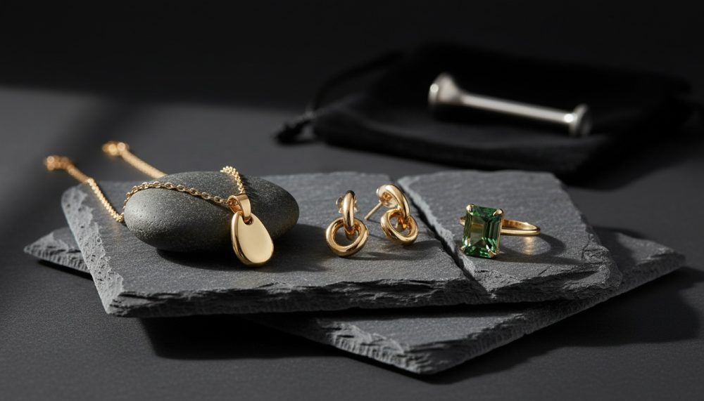 Conjunto de joalharia dourada com colar, brincos e anel com pedra verde sobre ardósia preta