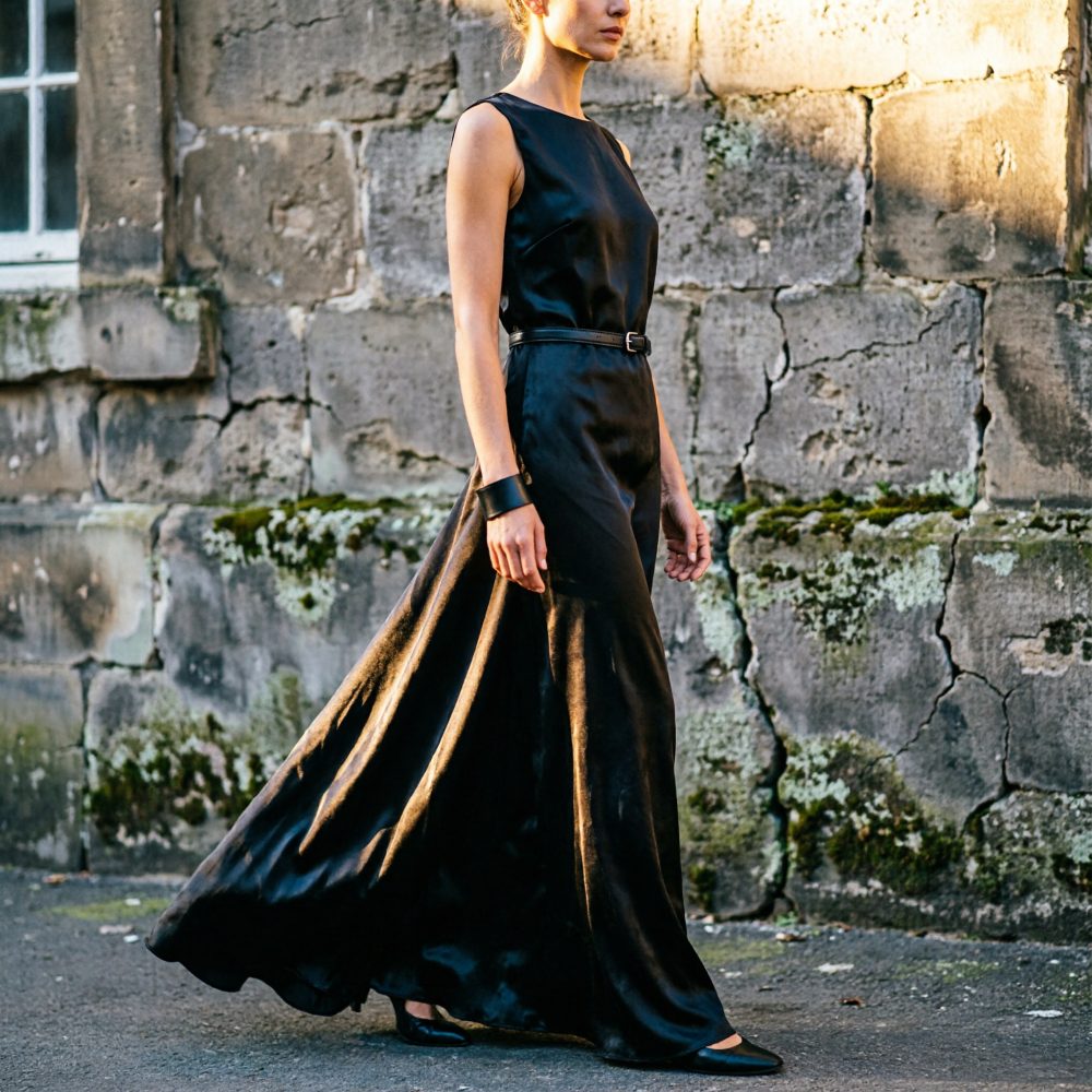 Mulher com vestido preto longo e cinto fino a andar junto a parede de pedra